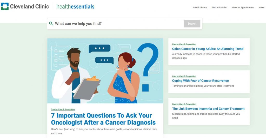 Screenshot of the homepage of the Cleveland Clinic Health Essentials blog